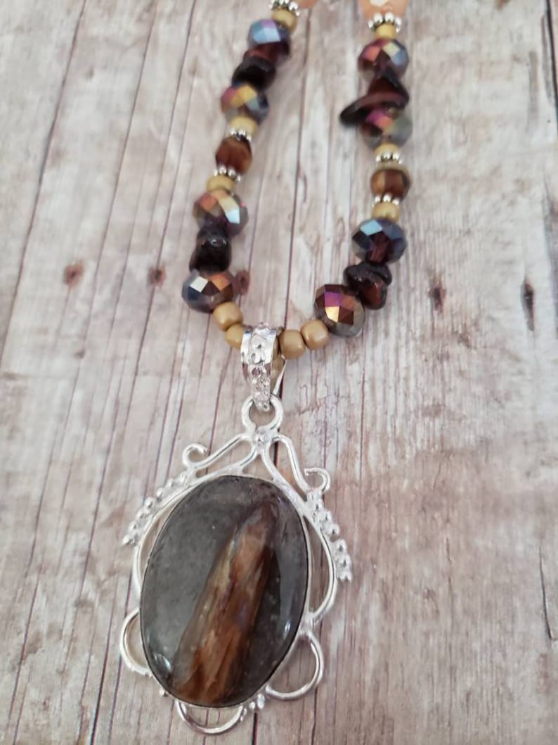 Gift for Mom Sister Gift Statement Necklace Tigers Eye Jasper Pendant Art Deco Necklace