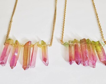 Angel Aura Quartz Bar Necklace: Raw Crystal, Gold Chain