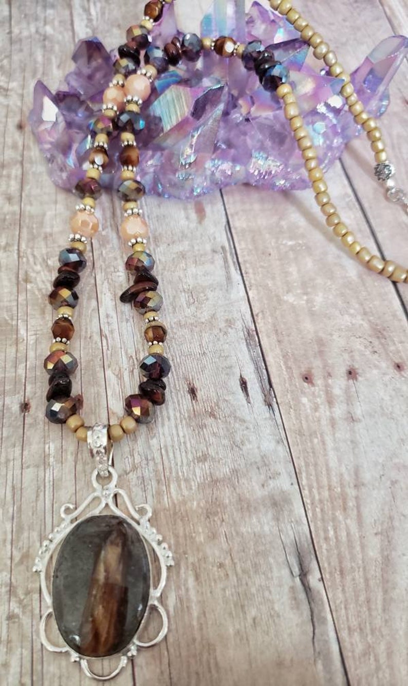 Gift for Mom Sister Gift Statement Necklace Tigers Eye Jasper Pendant Art Deco Necklace