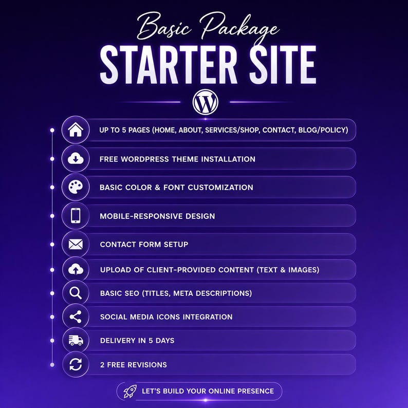 WordPress Web Design Standard Package - Custom Pages with Blog and Contact Form Setup