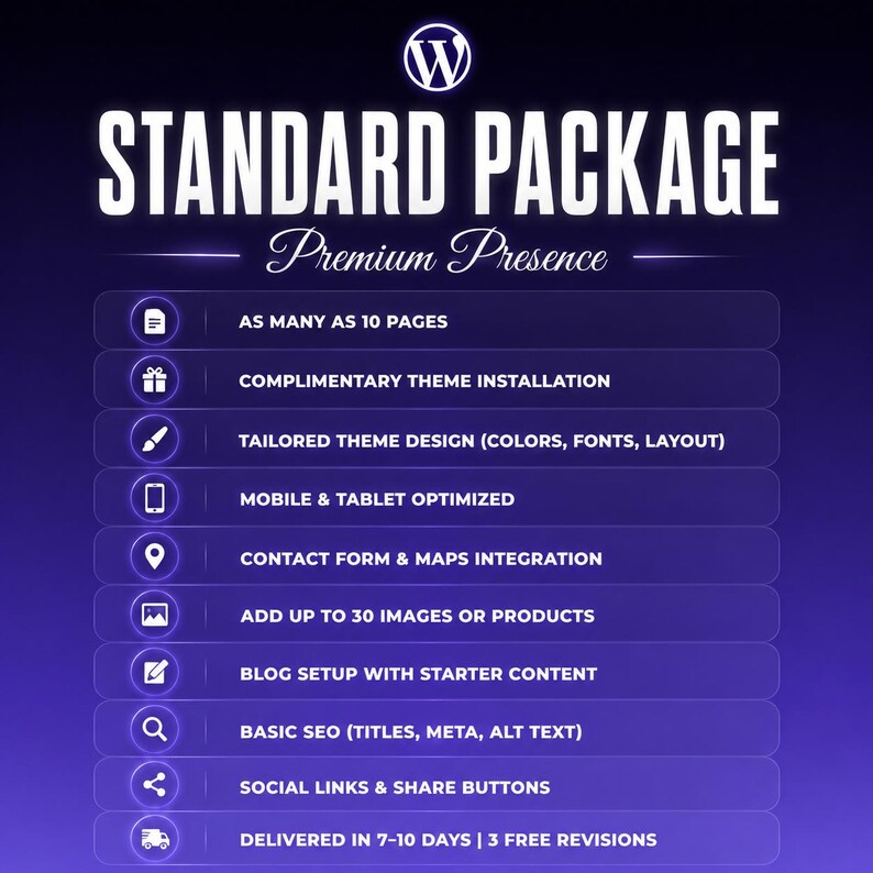 WordPress Web Design Standard Package - Custom Pages with Blog and Contact Form Setup