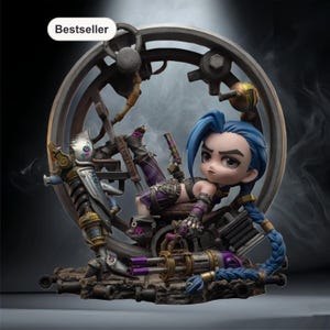 May include: A detailed figurine of a character with blue hair and purple accents, reclining on a mechanical device. The figure is set against a backdrop of gears and machinery, with a smaller robot-like figure to the left. The word "Bestseller" is in the top left corner.