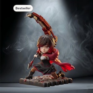 May include: A figurine of a character from the animated series RWBY, kneeling with a large red and gold scythe. The figure wears a black and red outfit with a red cape. The base is a stone-like surface with small metallic details.