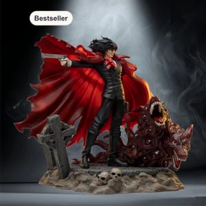 May include: A detailed figurine of a character in a black suit and red cape, holding a gun. The figure stands on a base with a tombstone, skulls, and a monstrous creature. The word "Bestseller" is in a white oval.