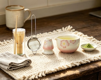 Hand Painted Flower Matcha Set, Japanese Ceramic Tea Bowl with Bamboo Whisk and Spoon, Elegant Tea Ceremony Kit, Gift for Matcha Lovers