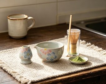4 Piece Floral Matcha Bowl Set, Handmade Ceramic Tea Cup with Whisk Holder, Bamboo Whisk and Matcha Tool, Matcha Lovers, Birthday Gift