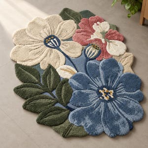 May include: An oval-shaped tufted rug featuring a floral design with large cream, dusty rose, and blue flowers. The rug includes dark green foliage and stems against a light blue background, with a textured, high-pile surface throughout.