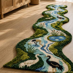 May include: A long, winding runner rug featuring a river scene with blue water, green mossy banks, and various birds including white and black cranes. The design includes cattails, lily pads, and aquatic plants, creating a detailed nature-inspired pattern.