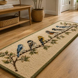 May include: A rectangular runner rug with a cream-colored background and a dark green border. The rug features a central design of a brown tree branch extending across the length, decorated with green leaves, small berries, and five colorful birds.