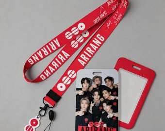 ARIRANG Red Lanyard Card Holder | Bangtan Boys ID Badge Case, Kpop Fan Merch for Army, Perfect for School & Work