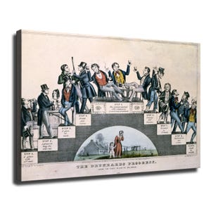 May include: A vintage lithograph titled The Drunkards Progress, depicting a series of nine steps showing a man's decline from social drinking to suicide. The illustration features figures in 19th-century attire, text labels for each stage, and a central archway scene showing a house, a woman, and a child.