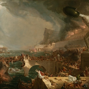 May include: An oil painting depicting a chaotic scene of a city under siege with a large white marble statue of a warrior holding a dark shield in the foreground. The background shows burning buildings, a stone bridge, and dark, stormy skies.