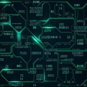 May include: A digital graphic featuring a dark background with glowing cyan circuit board lines and interconnected pathways. The design includes various binary code sequences consisting of zeros and ones scattered throughout the complex network.
