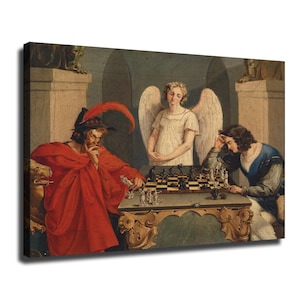 May include: A canvas print depicting a painting of a figure in a red cloak and feathered hat playing chess against a figure in a blue tunic, with a white-winged angel standing between them behind a stone table with carved lion details.
