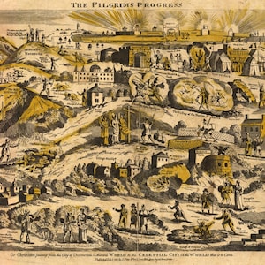 May include: A sepia-toned historical print titled The Pilgrims Progress, depicting a complex allegorical map of a journey from the City of Destruction to the Celestial City, featuring numerous labeled scenes, figures, and landscapes in a detailed etching.