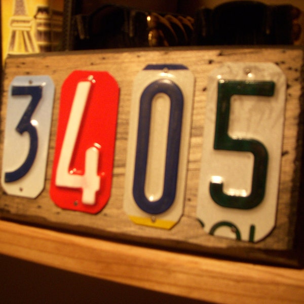 Custom handmade 4 number house address  sign made with recycled license plates.