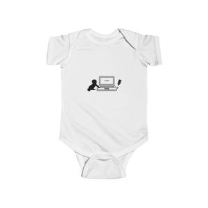 May include: White baby bodysuit featuring a black graphic of a baby, a laptop, and a bottle. The baby is positioned beside the laptop. The laptop has a blank screen. The bottle is next to the laptop.