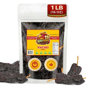May include: A clear plastic pouch containing dried dark brown Ancho chile peppers. The label features the Latin Treats logo, the text ANCHO CHILE, and a 1 LB (16 OZ) weight indicator. Two circular badges state 100% Natural Product and Farm Fresh.