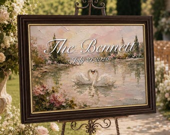 May include: A rectangular framed sign featuring an oil painting of two white swans on a lake, with the text The Bennett and July 21, 2026, displayed in white script. The artwork includes soft pink and green tones, set on a metal easel.