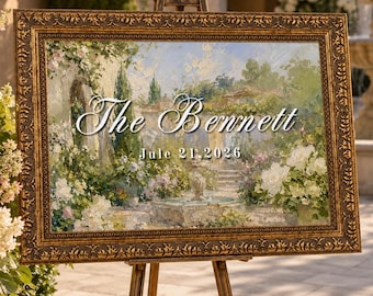 Puede incluir: Una pintura enmarcada sobre un caballete de madera, que presenta una escena de jardín con el texto "The Bennett" y la fecha "July 21, 2026". El marco es dorado y la pintura representa un jardín exuberante con flores y una fuente.