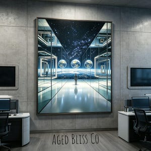 Puede incluir: Una gran pieza de arte mural rectangular que presenta una ilustración digital surrealista de una persona de pie en un pasillo futurista con paredes de cristal, marcos cuadrados brillantes, tres globos flotantes y un cielo estrellado, etiquetada AGED BLISS CO.
