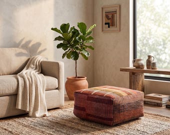 Square Kilim Pouf Cover | Boho Patchwork Floor Cushion | Rustic Plaid Ottoman | Woven Terracotta Footstool | Eclectic Vintage Floor Seating