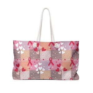 Breast Cancer Awareness | Ribbon Patchwork Weekender Bag | Pink Hearts Travel Tote | chemo bag