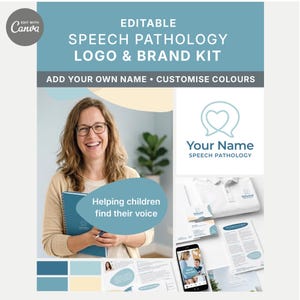 Könnte beinhalten: Ein editierbares Logo- und Marken-Kit für Logopädie in einer blau-cremefarbenen Farbpalette. Das Design umfasst ein Sprechblasen-Herz-Symbol, Visitenkartenvorlagen, ein Poloshirt, eine Smartphone-Anzeige und ein Dokument mit dem Text Helping children find their voice und Your Name Speech Pathology.