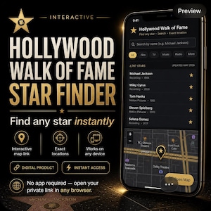 Könnte beinhalten: Werbung für eine digitale Hollywood Walk of Fame Star Finder App. Das Bild zeigt ein Smartphone, das die Benutzeroberfläche der App anzeigt, mit einer Karte und Sternsuchfunktionen. Der Text enthält "Finde jeden Star sofort" und "Sofortiger Zugriff."