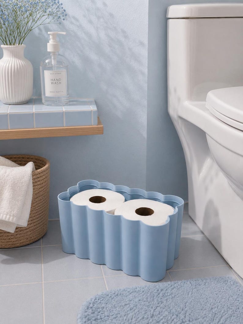 Cloud Ripple Toilet Paper Storage Holder | Cute Bathroom Organizer | Wavy Tissue Roll Container | Modern Bathroom Decor | Blue image 3