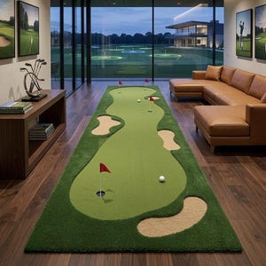 May include: A rectangular indoor putting green mat featuring a synthetic green surface with integrated sand traps, multiple holes with red flags, and white golf balls. The mat is laid out on a dark wood floor in a room with a leather sofa.