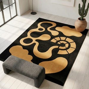 Abstract Tufted Wool Rug, Modern Black and Gold Area Rug, Contemporary Fluid Shape Accent Carpet, Geometric Tufted Floor Decor for Bedroom