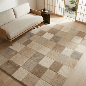 Neutral Checkerboard Tufted Wool Area Rug Beige and Tan Modern Patchwork Geometric Floor Mat Costem size 6x9 rug tufted rug Area Rug