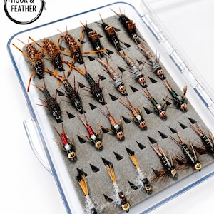 24 handgebundene Forellenfliegen mit Perlkopf in verschiedenen Farben und Fliegenbox | Stonefly, Copper John, Prince, Hares Ear