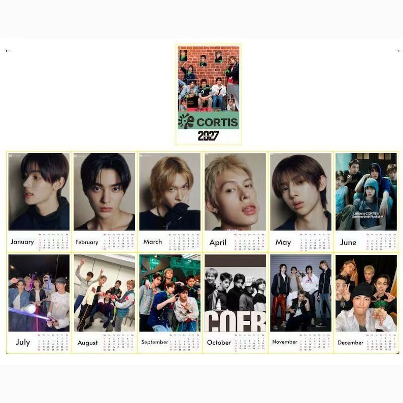 May include: A 2027 wall calendar featuring the group CORTIS, with a top header image and twelve monthly pages. Each month displays a unique photograph of the members, either as individual portraits or group shots, alongside a calendar grid.