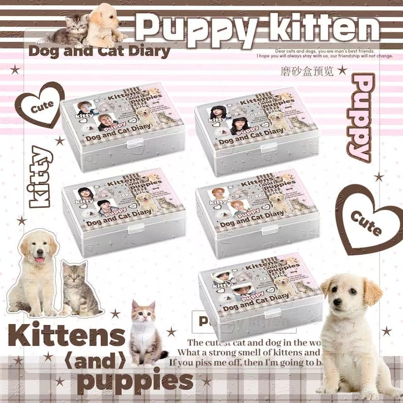 May include: Five rectangular storage boxes featuring the text Puppy kitten and Dog and Cat Diary, decorated with images of puppies, kittens, and human faces. The boxes have a light gray base with a repeating pattern of small paw prints.