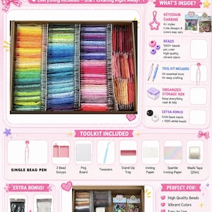 May include: A craft set featuring 221 colors of beads in individual plastic bags, organized within a cardboard box. The kit includes a tool set with a single bead pen, two bead scoops, a peg board, tweezers, a stand-up tray, ironing paper, sparkle ironing paper, and 20m of washi tape, plus 1000 black and 1000 white beads.