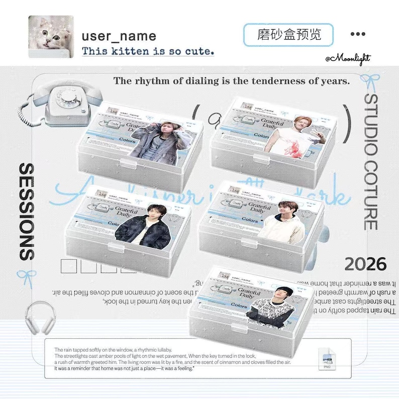 May include: Five rectangular, semi-transparent frosted plastic storage boxes featuring labels with the text Grateful Daily and Colors. Each box lid displays a different photographic portrait of a person wearing various casual clothing items.