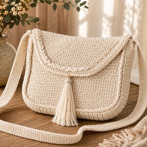 May include: A cream-colored crochet crossbody bag featuring a structured rectangular shape, a fold-over flap with a braided edge, and a long shoulder strap. A decorative tassel hangs from the center of the flap, secured by a small metallic bead.