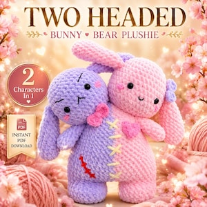 Padrão de crochê em PDF para coelho urso de duas cabeças, bichinho de pelúcia amigurumi kawaii, download instantâneo para iniciantes, tutorial de bichinho de pelúcia fofo