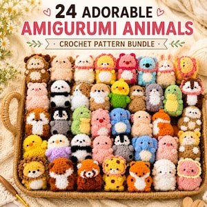 May include: A collection of 24 small, colorful crocheted amigurumi animals arranged in a square tray. The text at the top reads 24 ADORABLE AMIGURUMI ANIMALS CROCHET PATTERN BUNDLE. The figures include various creatures in soft yarn textures.