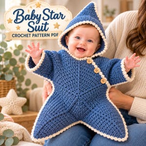 Op de afbeelding: Een blauw gehaakt stervormig babypakje met een puntige capuchon en crèmekleurige rand. Het kledingstuk heeft drie houten knopen langs de diagonale sluiting aan de voorzijde. De tekst Baby Star Suit CROCHET PATTERN PDF is bovenaan zichtbaar.