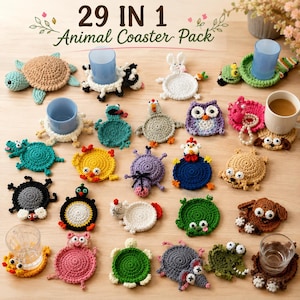 May include: A collection of 29 crocheted animal coasters featuring various creatures including turtles, owls, frogs, and dogs. The set includes circular yarn mats with attached animal heads, limbs, and tails in diverse colours like green, brown, blue, and pink.