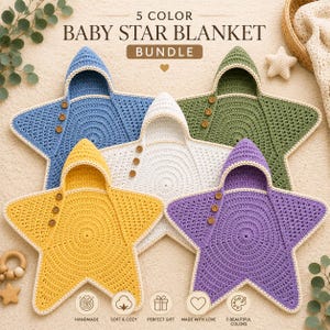May include: A bundle of five star-shaped hooded blankets in blue, green, white, yellow, and purple. Each crochet blanket features a hood with three wooden buttons. The text 5 COLOR BABY STAR BLANKET BUNDLE is printed at the top of the image.