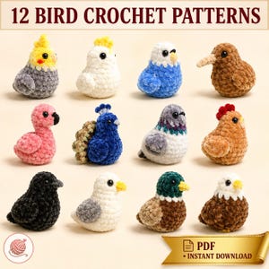May include: A collection of 12 small, plush crochet birds arranged in a grid, featuring various species including a cockatiel, kiwi, flamingo, peacock, pigeon, chicken, and eagle. The text 12 BIRD CROCHET PATTERNS and PDF INSTANT DOWNLOAD are visible.