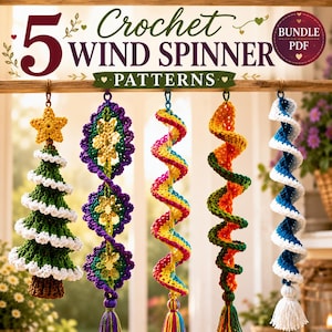 May include: A digital document titled 5 Crochet Wind Spinner Patterns featuring five hanging decorations: a green Christmas tree, a purple and yellow floral spiral, a pink and yellow spiral, an orange and green spiral, and a blue and white spiral.
