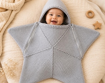 Patron PDF de tricot pour cocon bébé étoile, gigoteuse à capuche pour nouveau-né, body étoile zippé, 0-3 mois, cadeau de naissance, téléchargement instantané