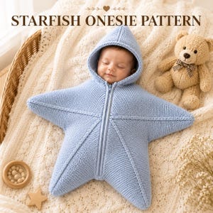 May include: A light blue knitted onesie shaped like a starfish with a hood and a central zipper closure. The text STARFISH ONESIE PATTERN is displayed at the top. A small teddy bear with a plaid bow tie is positioned to the right of the onesie.
