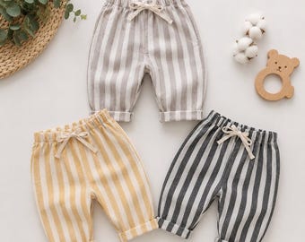 Randiga linnebyxor för småbarn Harembyxor med resår i midjan Barn Sommarbyxor Unisex Babykläder Spädbarn Casualbyxor