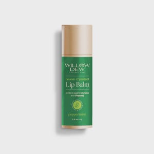May include: A tube of Willow Dew Natural Care Lip Balm. The label is green with white text that reads "nourish & protect Lip Balm" and "peppermint". The balm is 4 g. The top of the tube is tan.